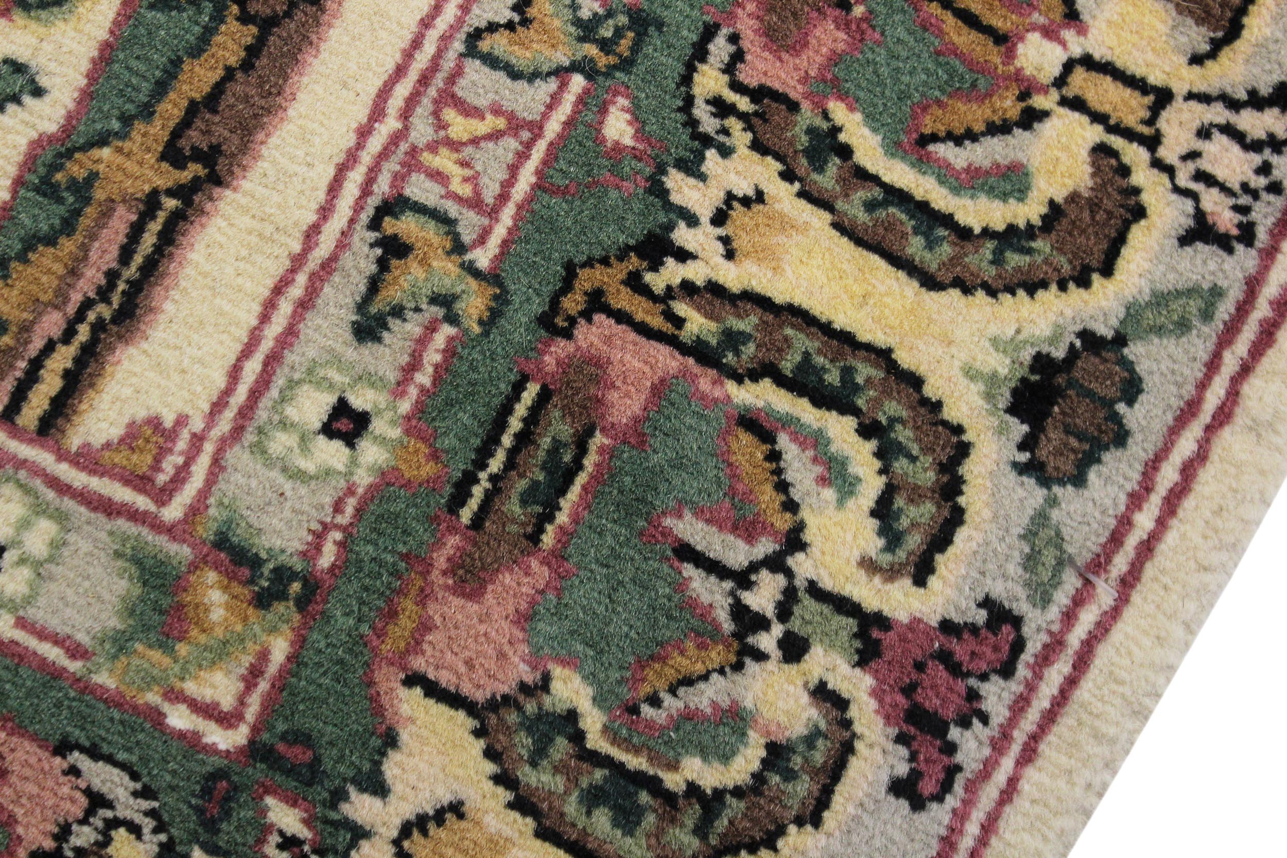 handmade Traditional Bhati Beige Green Hand Knotted RUNNER 100% WOOL area rug 3' x 12'