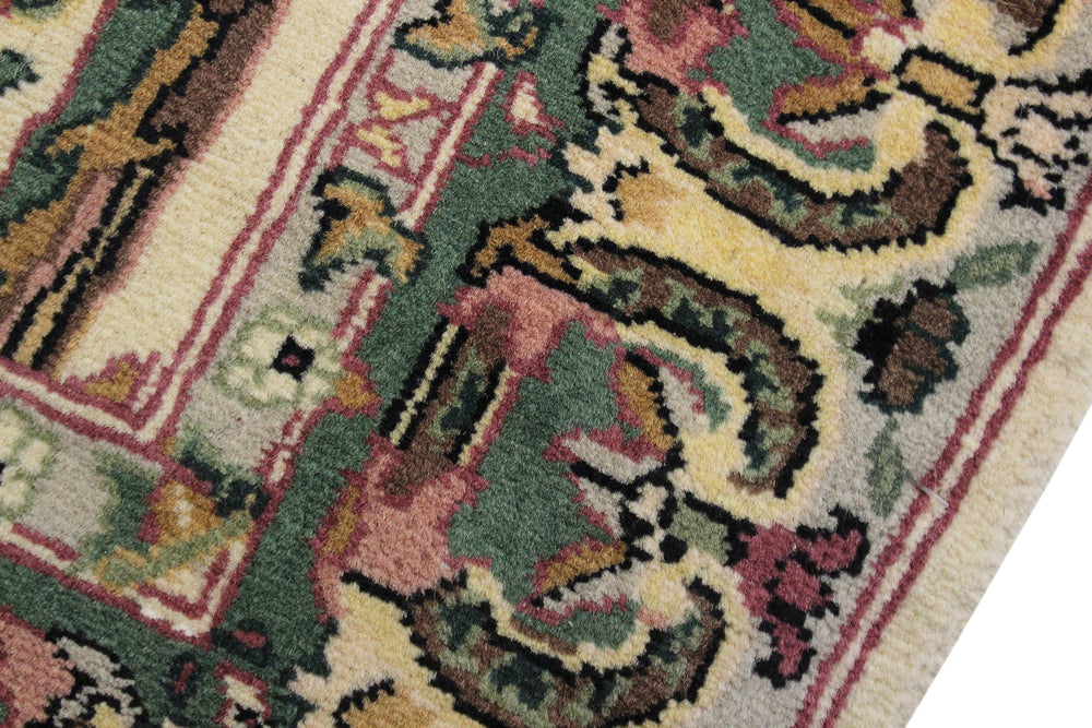 handmade Traditional Bhati Beige Green Hand Knotted RUNNER 100% WOOL area rug 3' x 12'