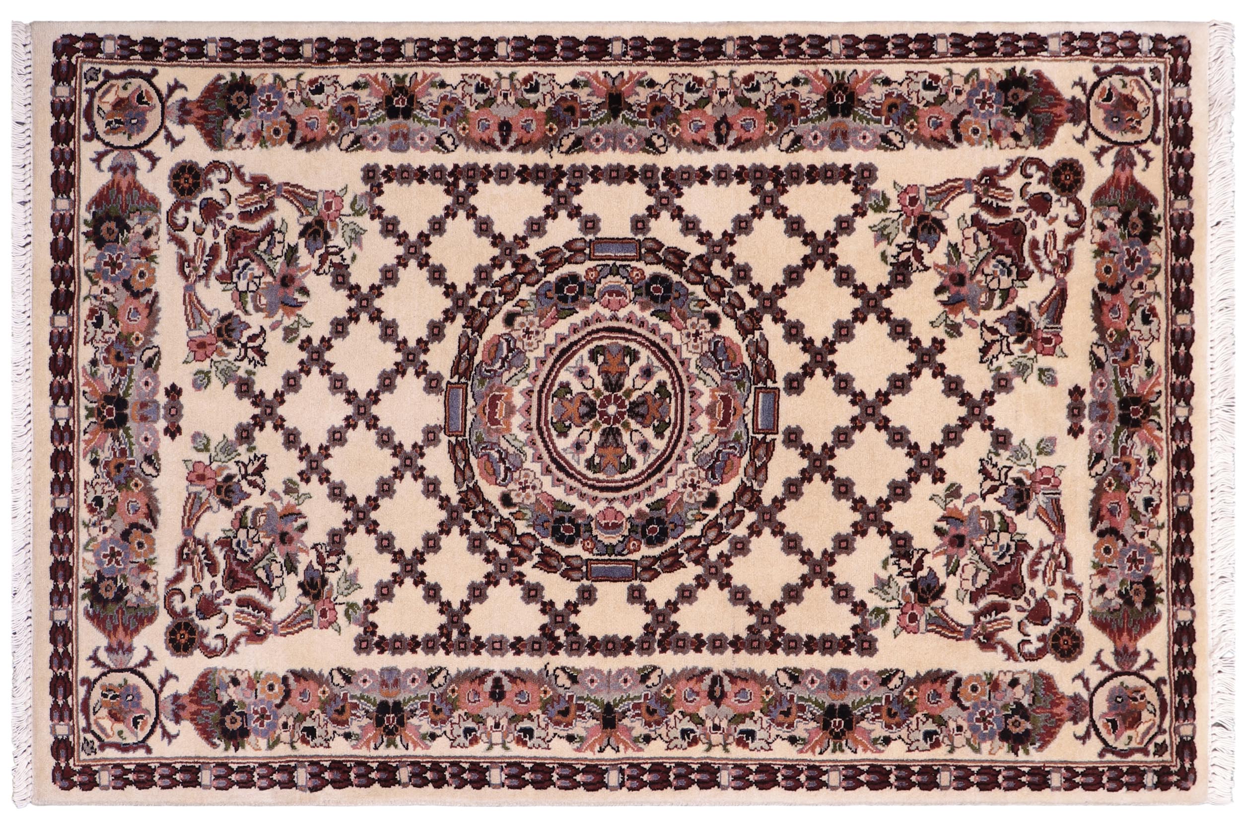 handmade Traditional Golden Ivory Blue Hand Knotted RECTANGLE 100% WOOL area rug 3x4