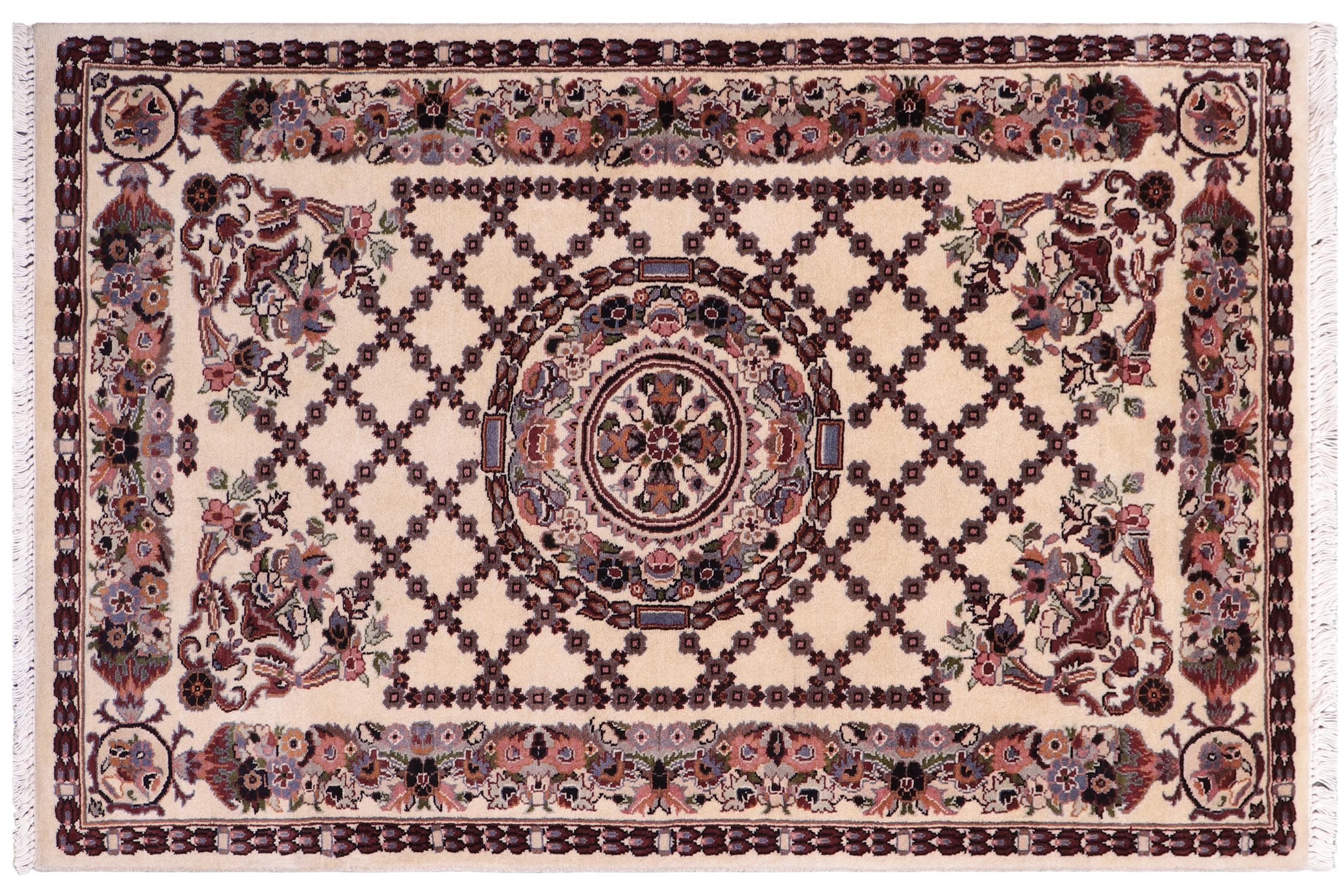 handmade Traditional Golden Ivory Blue Hand Knotted RECTANGLE 100% WOOL area rug 3x4