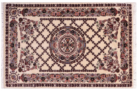 handmade Traditional Golden Ivory Blue Hand Knotted RECTANGLE 100% WOOL area rug 3x4