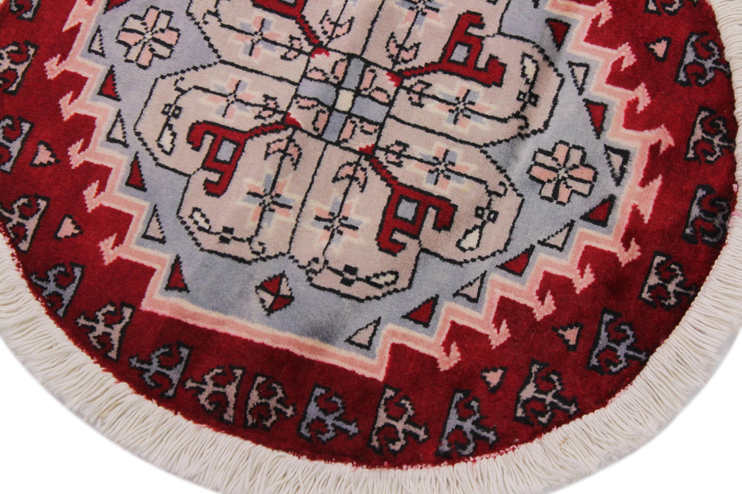 handmade Geometric Bokhara Red Grey Hand Knotted ROUND 100% WOOL area rug 2X2