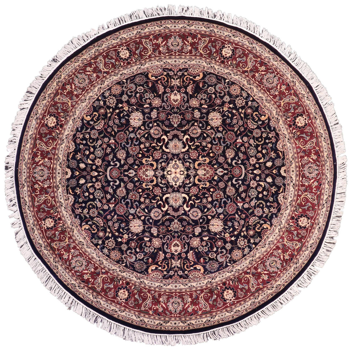 8 ft hand knotted Pak Persian wool round rug in blue and red - Abassi Afsha Pak-Persian Artie Round