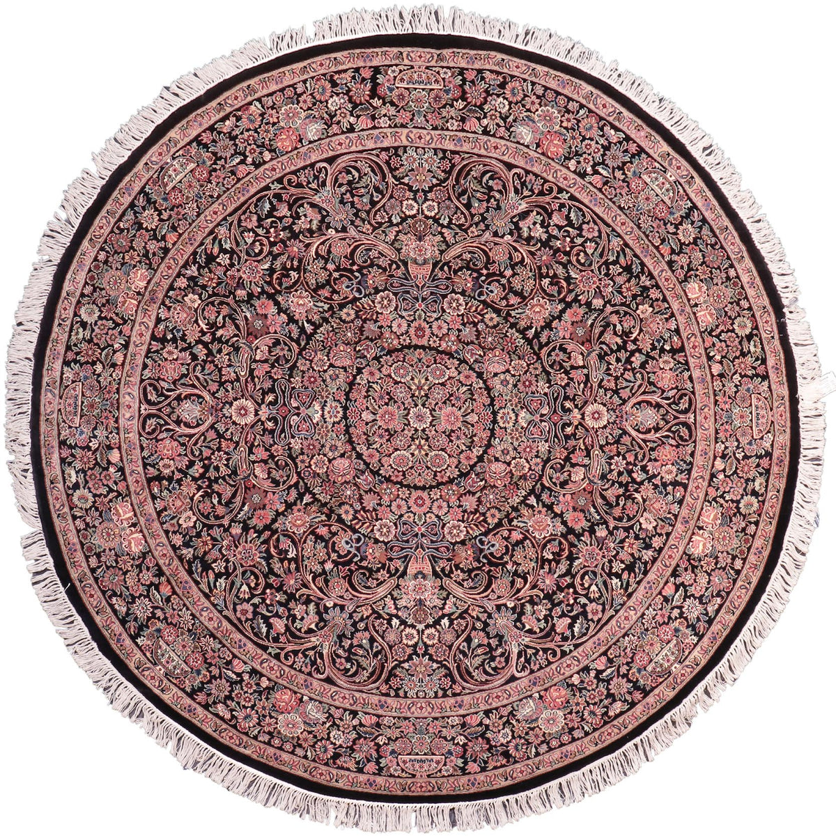 8 ft hand knotted Pak Persian wool round rug in black and pink - Kashan Pak-Persian Susannah Round