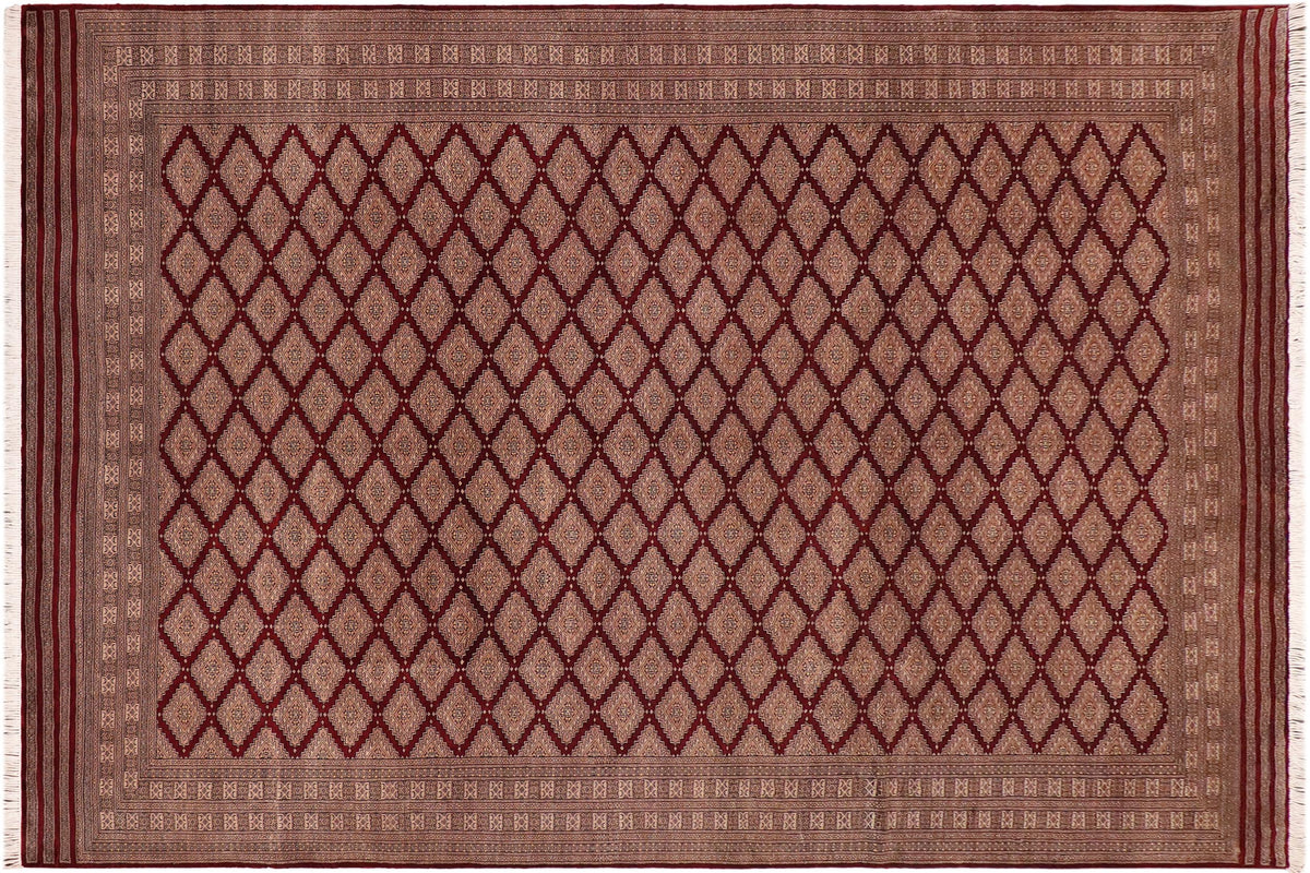 10x12 hand knotted Bokhara wool rug in red and light brown - Southwestern Bokhara Inga Brown