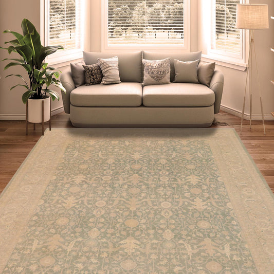 handmade Transitional Kafkaz Green Gray Hand Knotted RECTANGLE 100% WOOL area rug 9x12