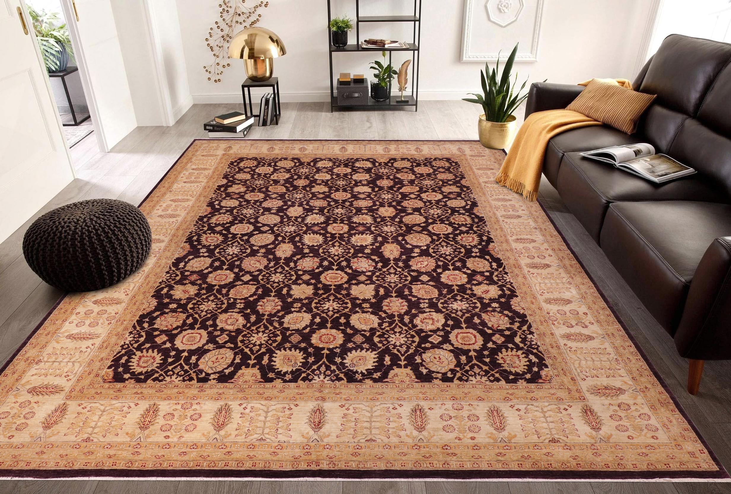 handmade Transitional Kafkaz Aubergine Ivory Hand Knotted RECTANGLE 100% WOOL area rug 12' x 15'