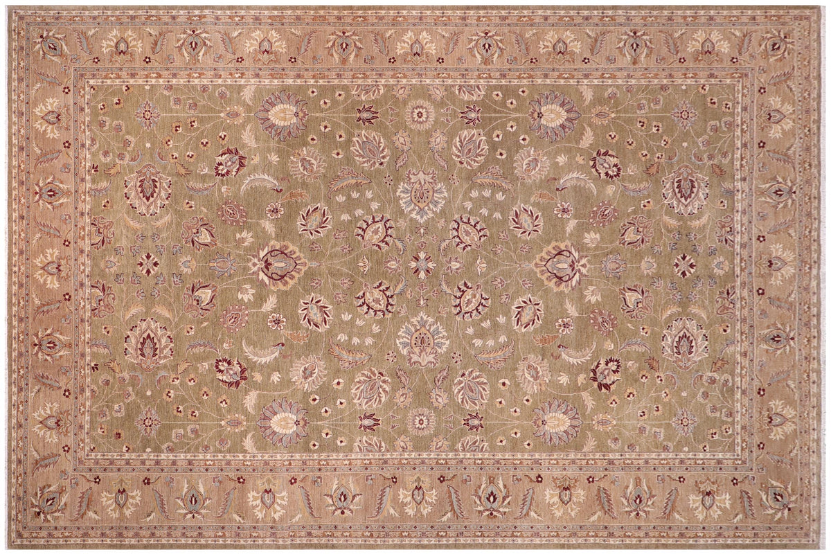 12x17 hand knotted Ziegler wool rug in green and tan - Chic Ziegler Demetra