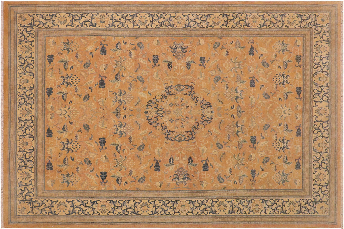 9x12 hand knotted Ziegler wool rug in peach and beige - Suzy