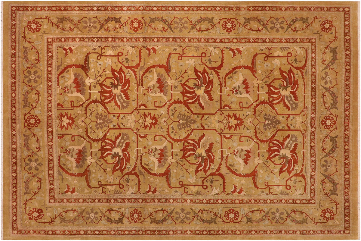 10x14 hand knotted Vegetable Dyed wool rug in green and rust - Karri