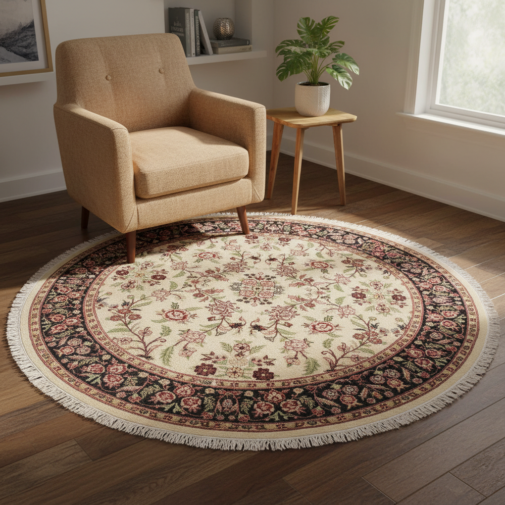 handmade Traditional Kashan Beige Black Hand Knotted ROUND 100% WOOL area rug 6'x6'
