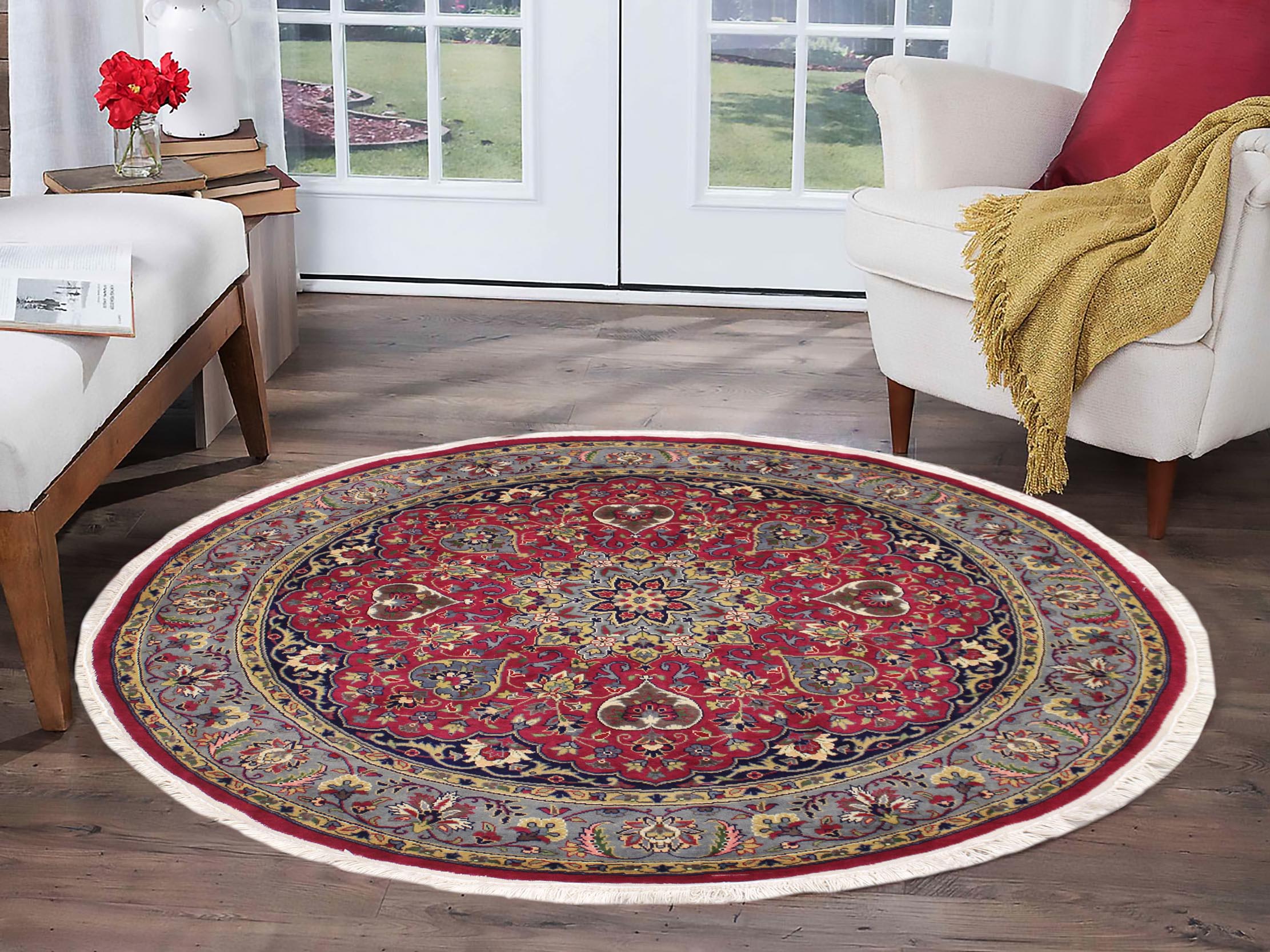 handmade Traditional Kashan Pink Gray Hand Knotted ROUND 100% WOOL area rug 6' x 6'