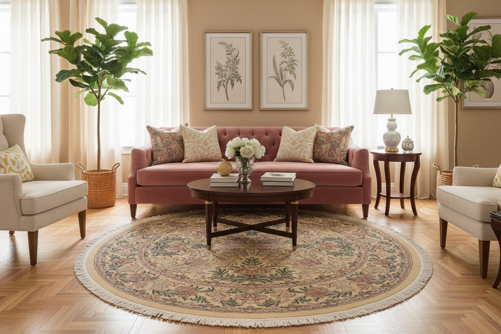 handmade Traditional Tulip Gold Pink Hand Knotted ROUND 100% WOOL area rug 8'x8'