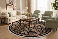 handmade Traditional Tulip Black Tan Hand Knotted ROUND 100% WOOL area rug 8'x8'