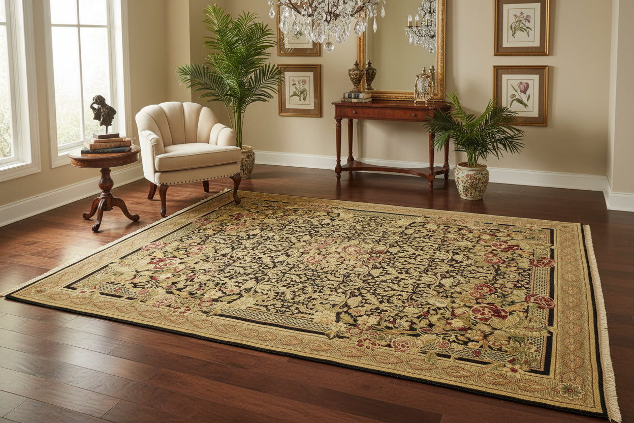 handmade Traditional Rasmi Romal Black Beige Hand Knotted RECTANGLE 100% WOOL area rug 9x13