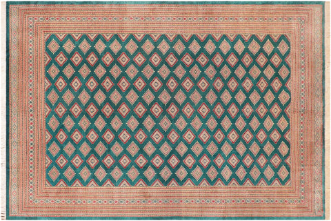 Tribal Bokhara Tressie Green/Pink Wool Rug - 10'8''X14'1''