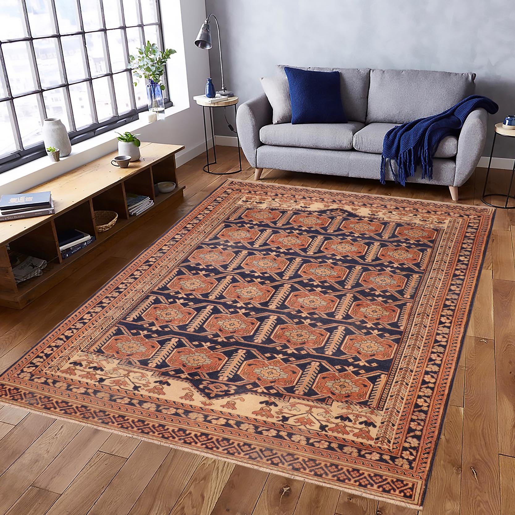 handmade Transitional Antique Blue Beige Hand Knotted RECTANGLE 100% WOOL area rug 6' x 9'
