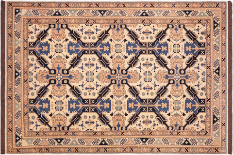 Bohemian Kargahi Davida Beige/Blue Wool Rug - 5'6'' x 9'2''