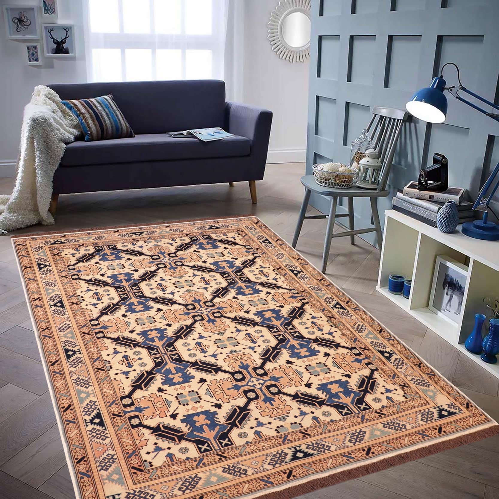 handmade Geometric Kargahi Beige Blue Hand Knotted RECTANGLE 100% WOOL area rug 6x9