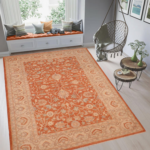 handmade Transitional Kafkaz Rust Beige Hand Knotted RECTANGLE 100% WOOL area rug 6' x 9'