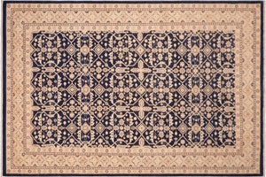 6x9 hand knotted transitional wool rug in blue and gold - Bohemian Ferne