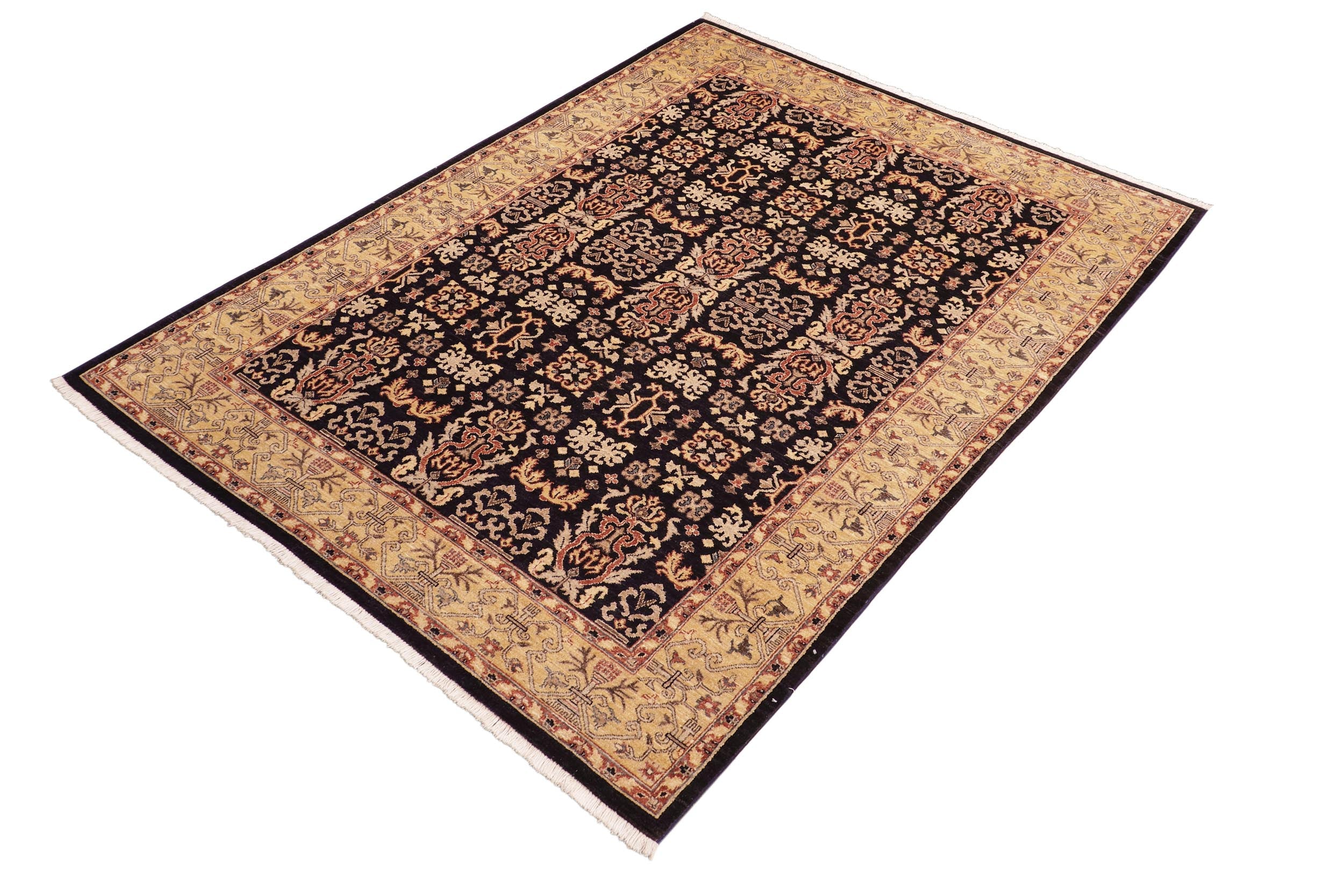 handmade Transitional Kafkaz Blue Gold Hand Knotted RECTANGLE 100% WOOL area rug 6' x 9'