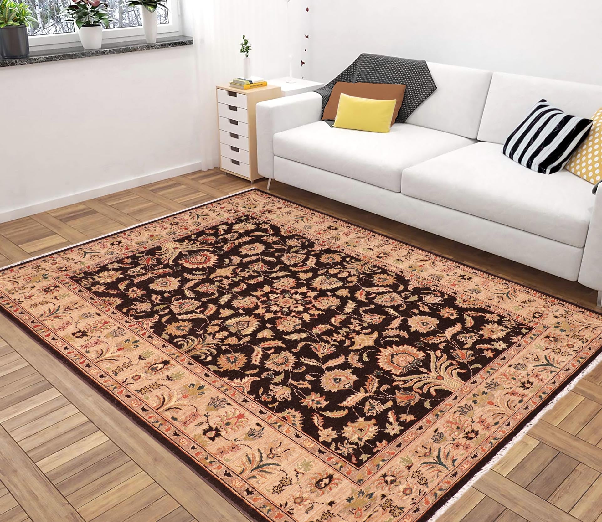 handmade Traditional Kafkaz Brown Tan Hand Knotted RECTANGLE 100% WOOL area rug 6x9