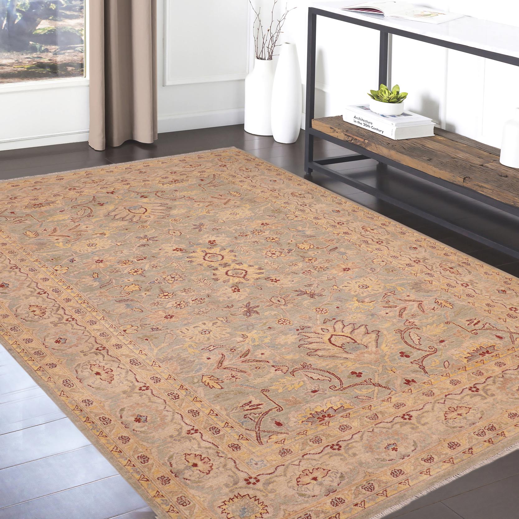 handmade Traditional Kafkaz Green Tan Hand Knotted RECTANGLE 100% WOOL area rug 6x9