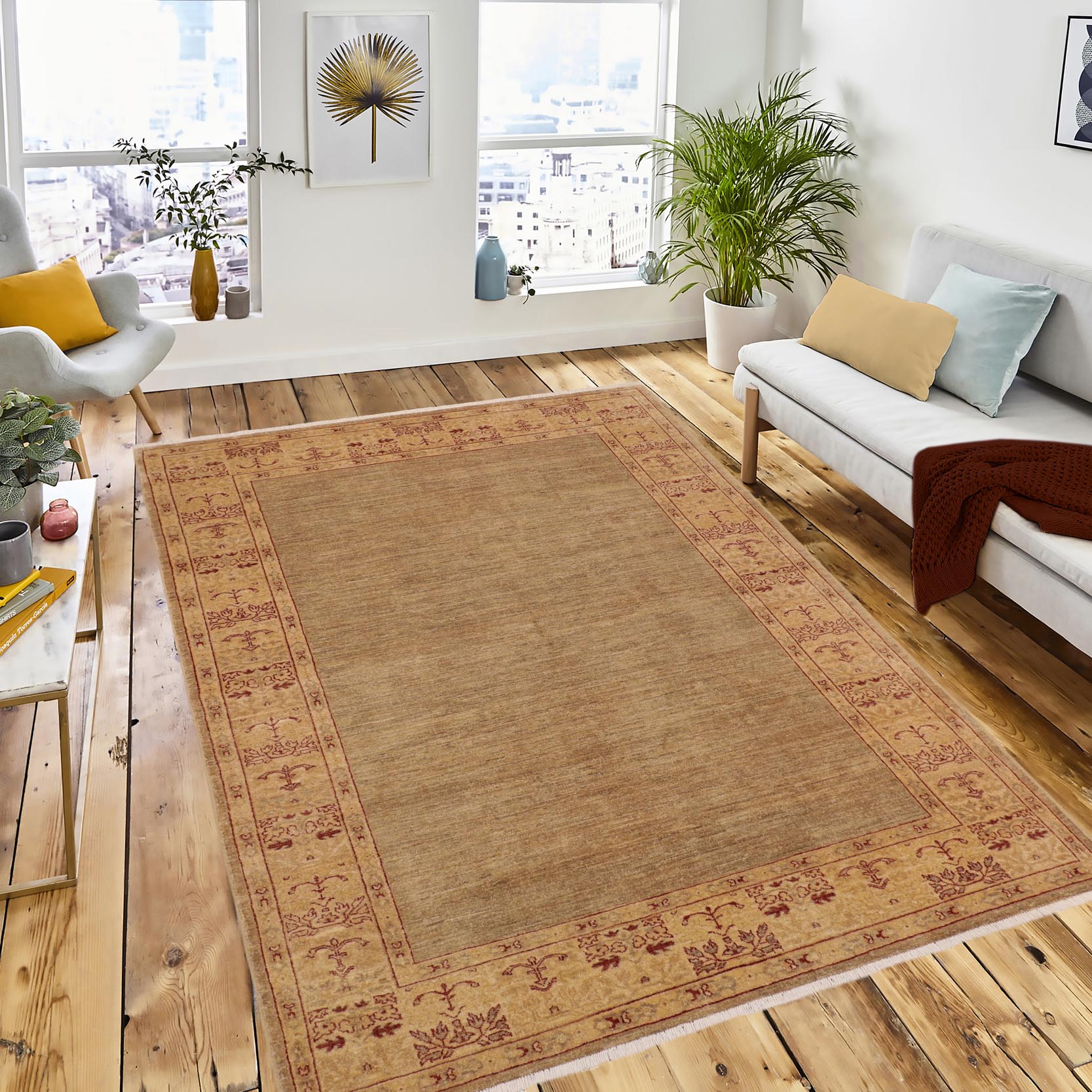 handmade Modern Kafkaz Tan Beige Hand Knotted RECTANGLE 100% WOOL area rug 6' x 9'