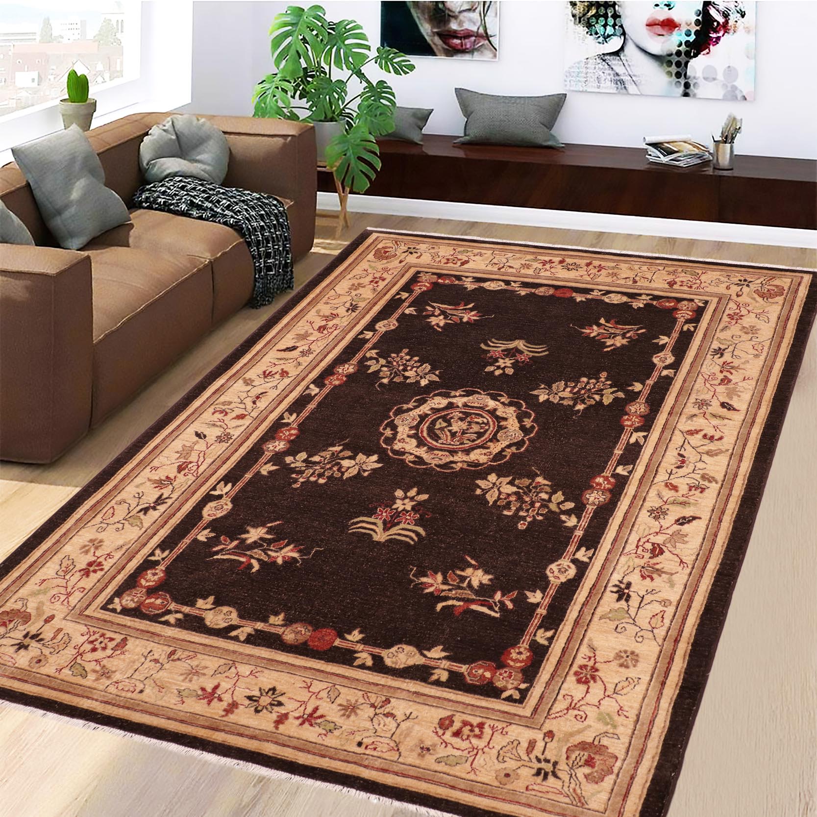 handmade Traditional Kafkaz Brown Tan Hand Knotted RECTANGLE 100% WOOL area rug 6' x 8'