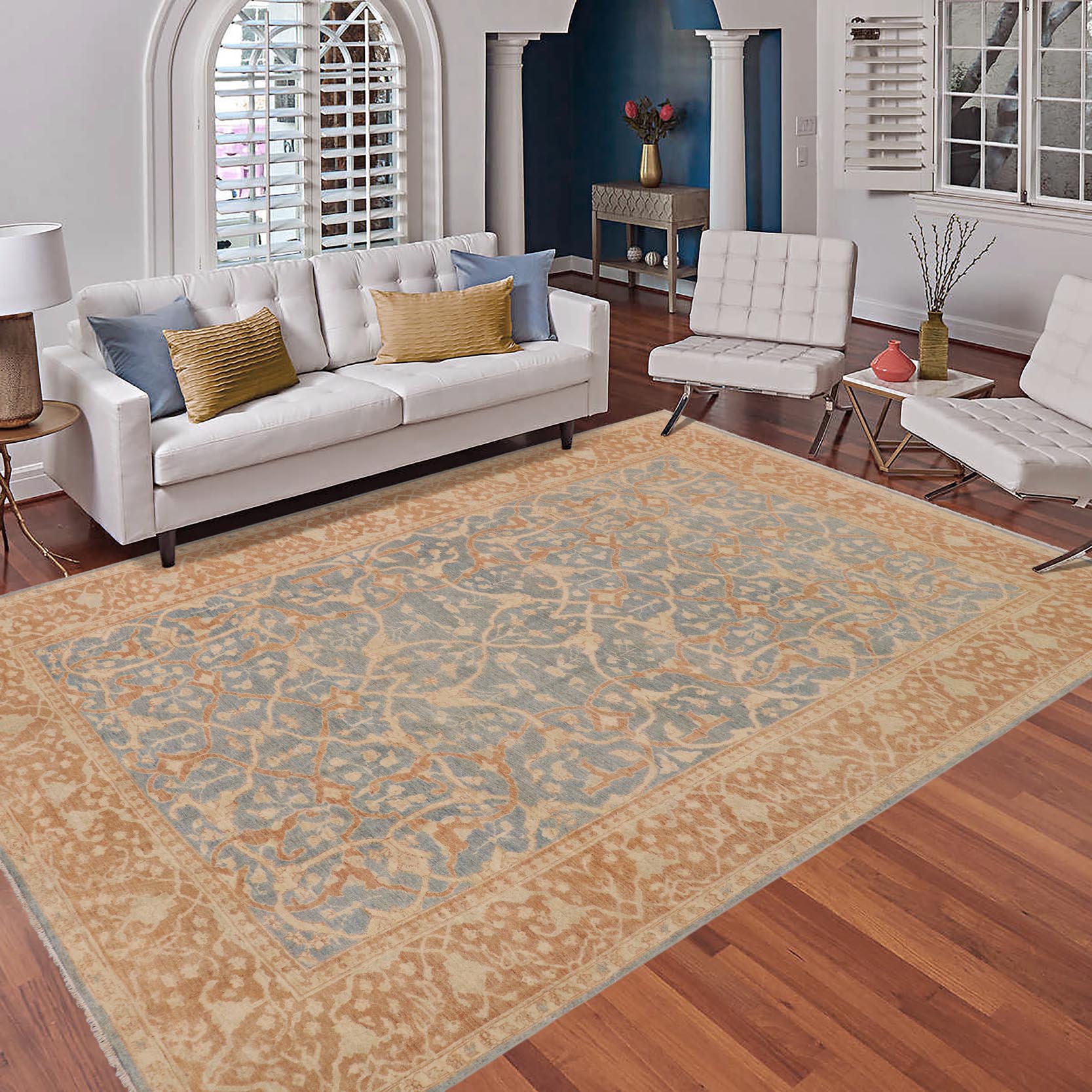 handmade Transitional Kafkaz Blue Brown Hand Knotted RECTANGLE 100% WOOL area rug 9' x 12'