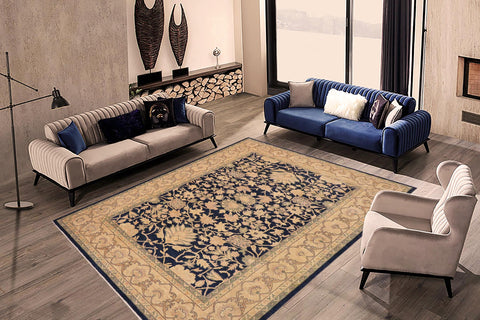 handmade Transitional Kafkaz Blue Beige Hand Knotted RECTANGLE 100% WOOL area rug 9' x 13'