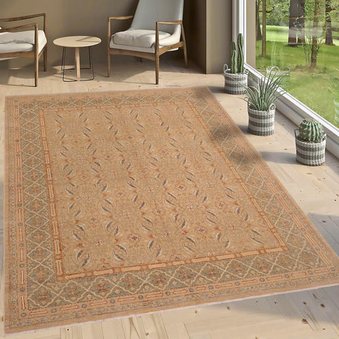 handmade Transitional Kafkaz Tan Green Hand Knotted RECTANGLE 100% WOOL area rug 9' x 10'