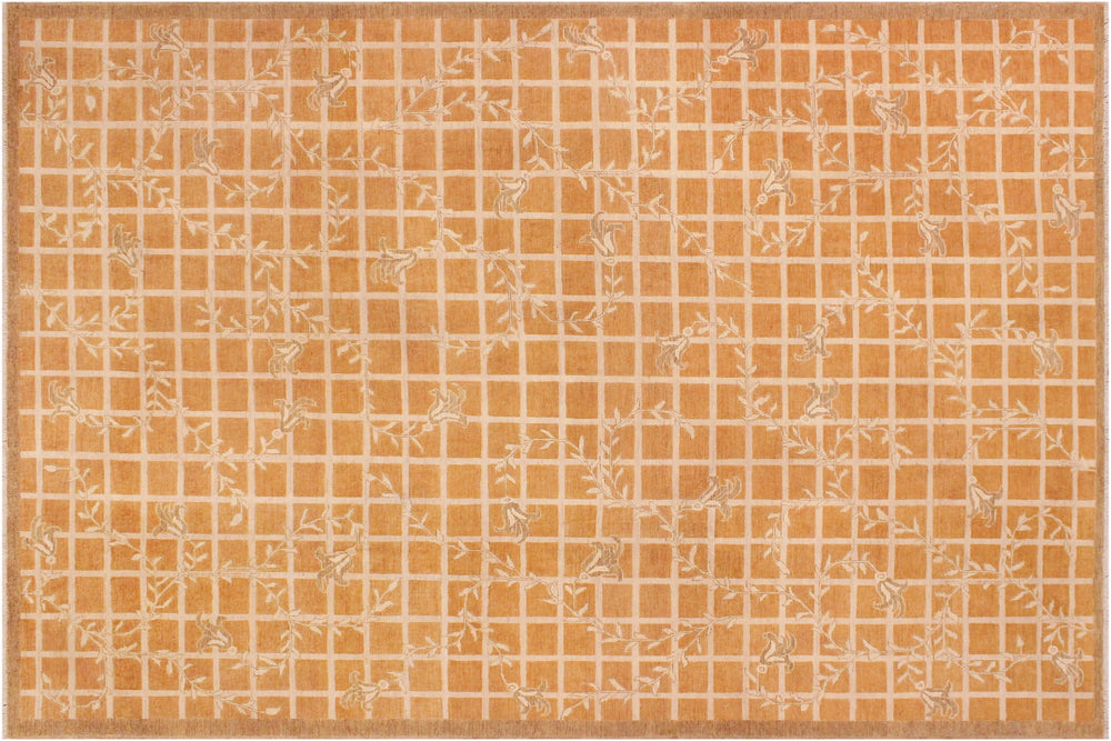 handmade Modern Kafkaz Orange Beige Hand Knotted RECTANGLE 100% WOOL area rug 9' x 12'