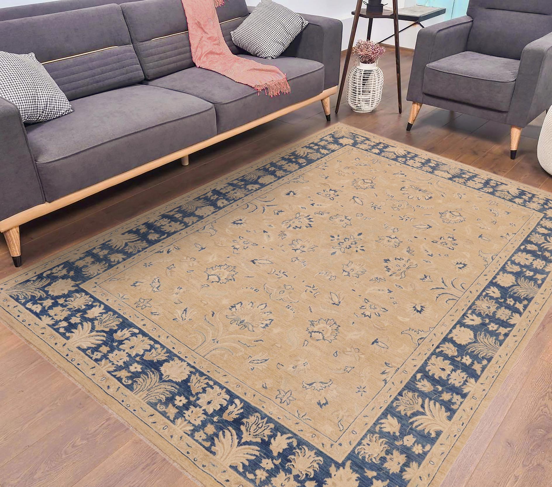 handmade Traditional Kafkaz Taupe Blue Hand Knotted RECTANGLE 100% WOOL area rug 9x12