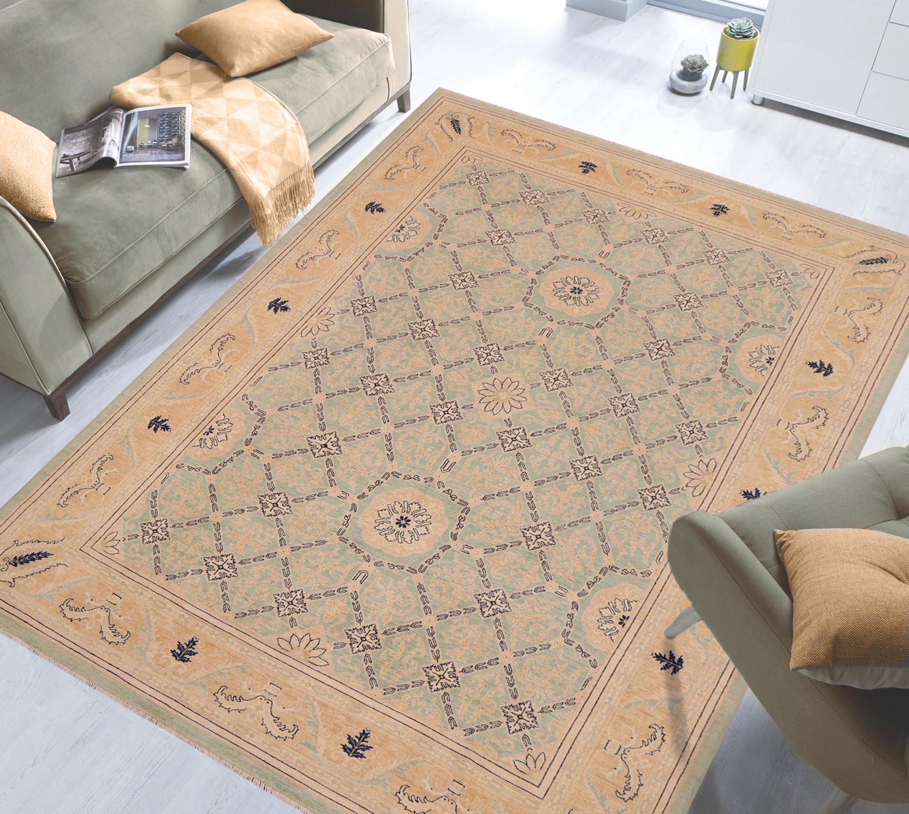 handmade Transitional Kafkaz Green Tan Hand Knotted RECTANGLE 100% WOOL area rug 9' x 12'