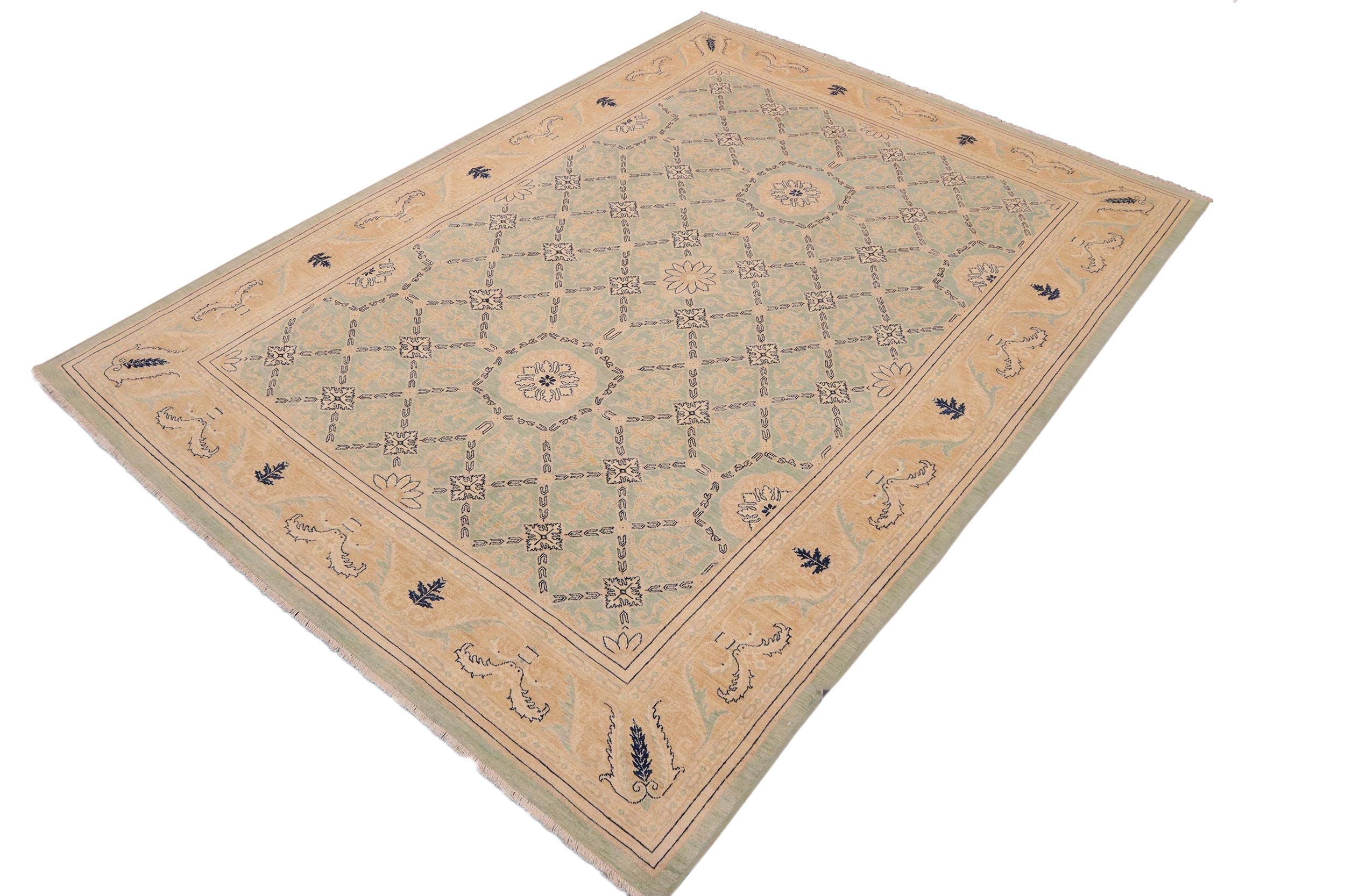handmade Transitional Kafkaz Green Tan Hand Knotted RECTANGLE 100% WOOL area rug 9' x 12'