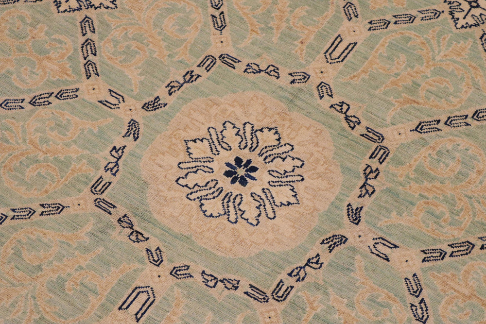 handmade Transitional Kafkaz Green Tan Hand Knotted RECTANGLE 100% WOOL area rug 9' x 12'