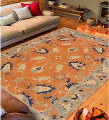handmade Traditional Kafkaz Orange Blue Hand Knotted RECTANGLE 100% WOOL area rug 9 x 12