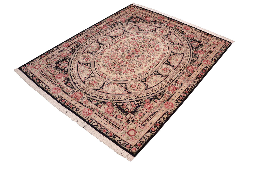 handmade Traditional Abusson Black Beige Hand Knotted RECTANGLE 100% WOOL area rug 8x10
