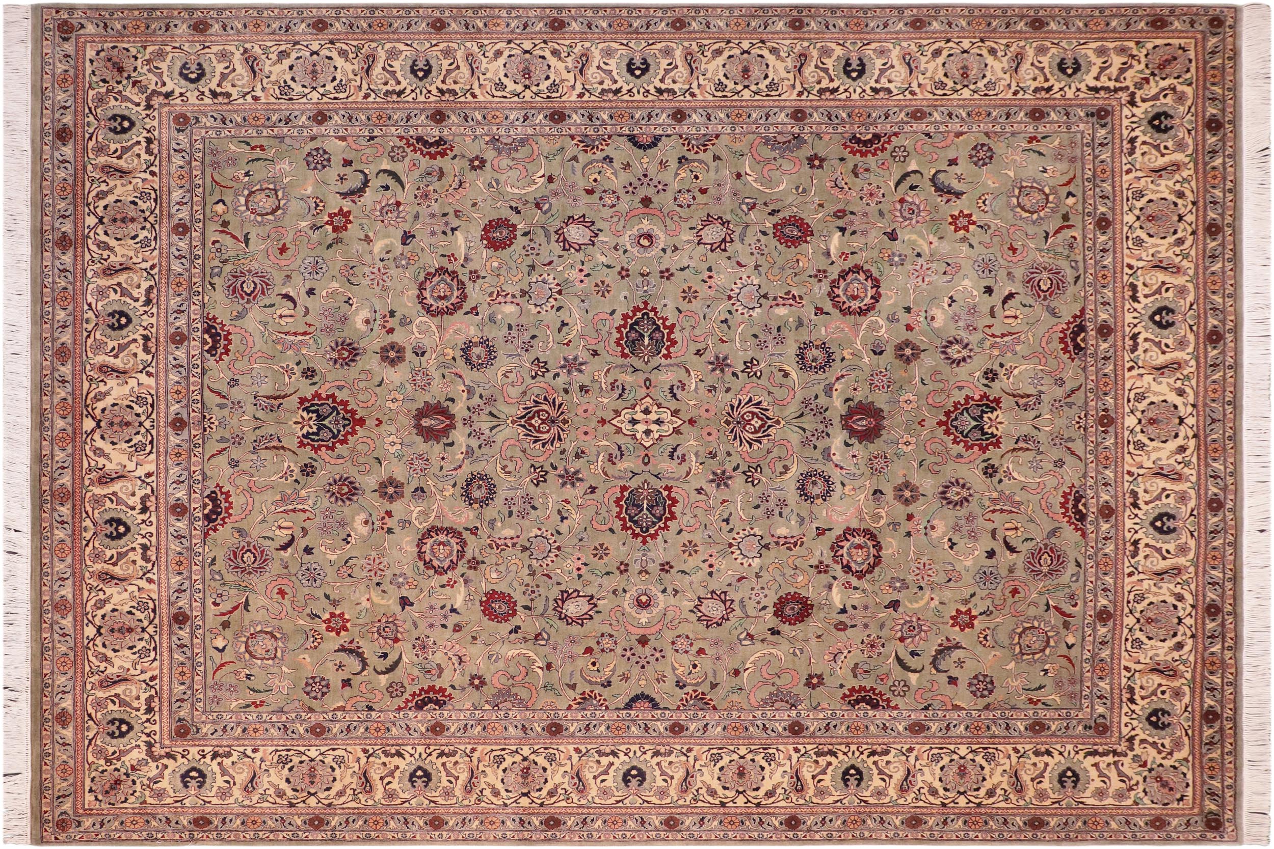 handmade Traditional Abasi Afsha Green Beige Hand Knotted RECTANGLE 100% WOOL area rug 8x10