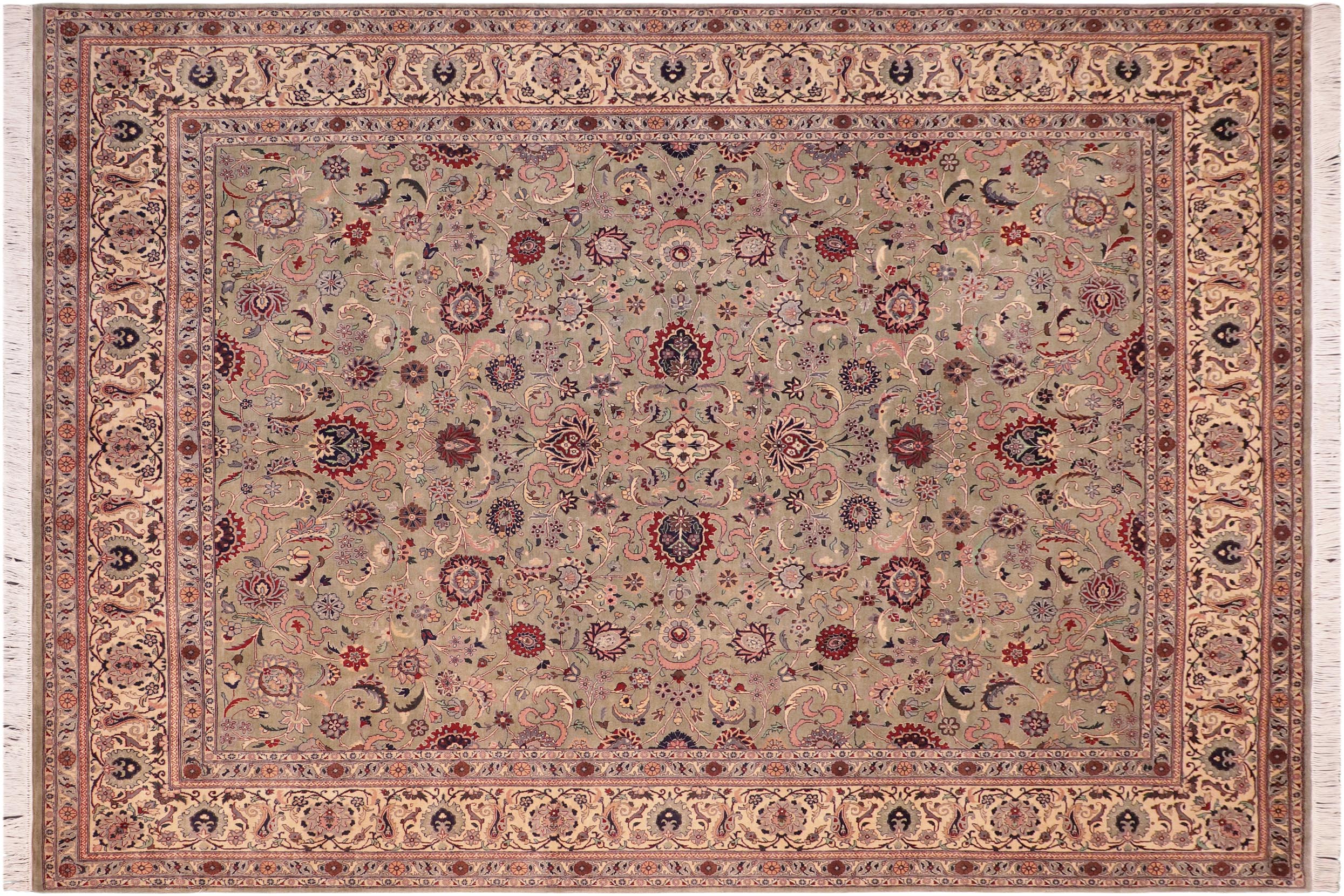 handmade Traditional Abasi Afsha Green Beige Hand Knotted RECTANGLE 100% WOOL area rug 8x10