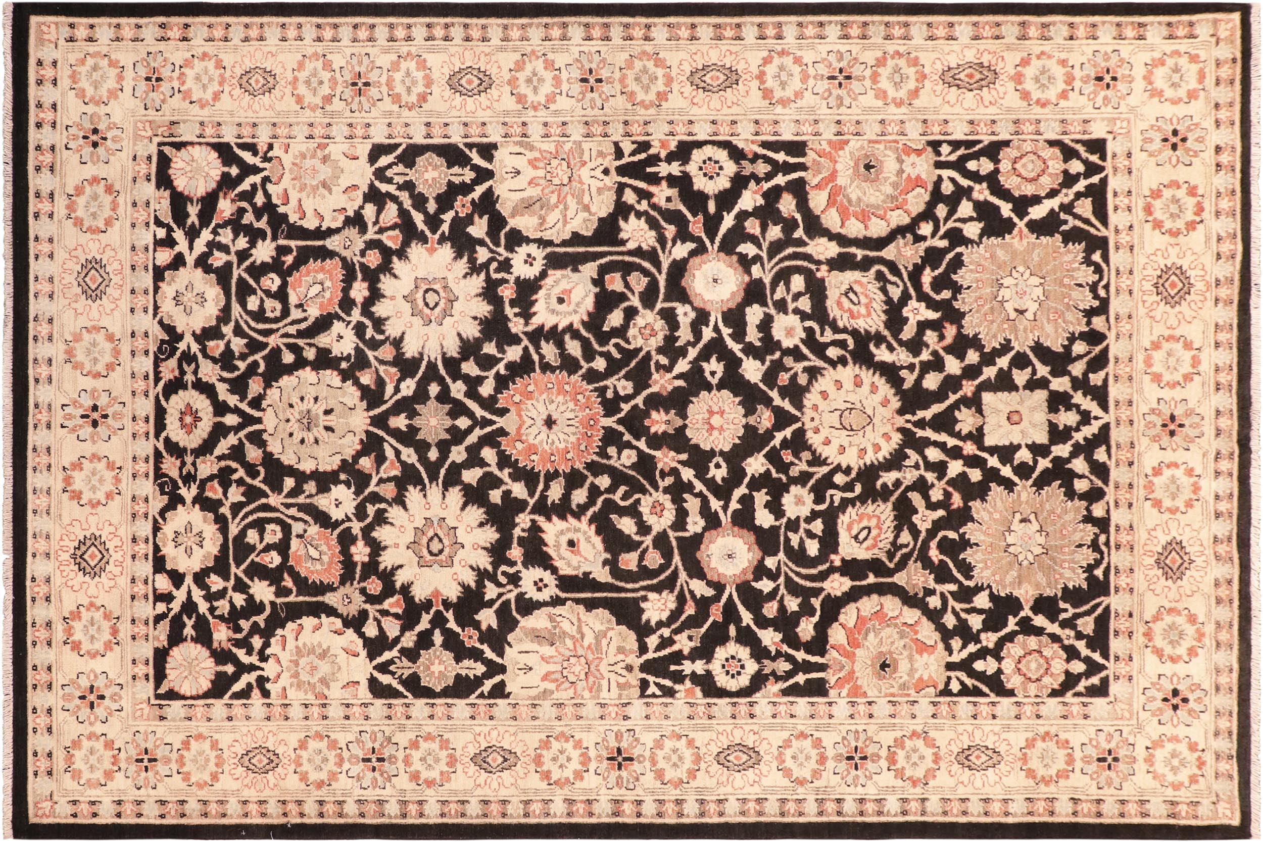 handmade Traditional Lahore Black Beige Hand Knotted RECTANGLE 100% WOOL area rug 6x9