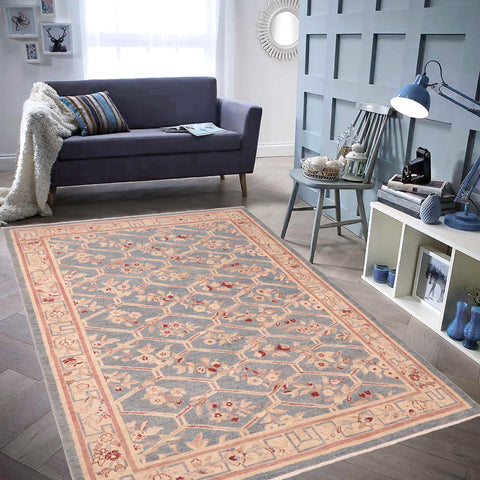 handmade Transitional Kafkaz Blue Tan Hand Knotted RECTANGLE 100% WOOL area rug 6' x 9'