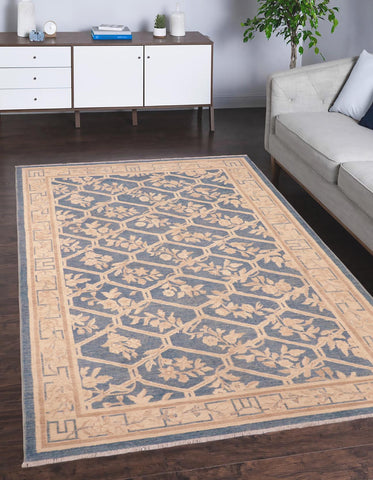 handmade Transitional Kafkaz Blue Tan Hand Knotted RECTANGLE 100% WOOL area rug 6' x 9'