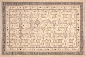 6x9 hand knotted transitional wool rug in beige and green - Bohemian Buffy