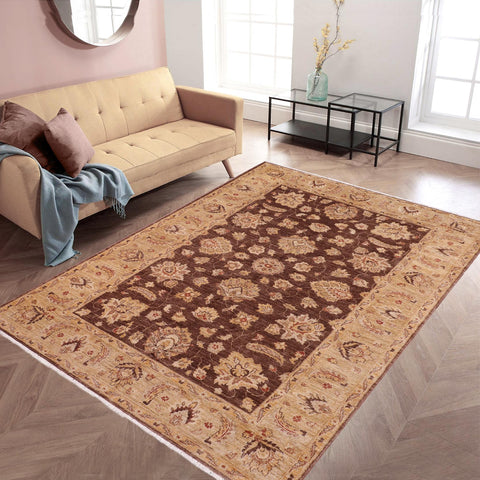 handmade Transitional Kafkaz Brown Tan Hand Knotted RECTANGLE 100% WOOL area rug 6' x 9'