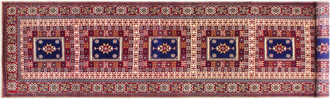 handmade Geometric Sherwan Red Blue Hand Knotted RUNNER 100% WOOL area rug 3x11