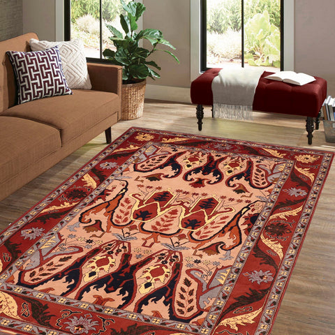 handmade Geometric Kargahi Tan Rust Hand Knotted RECTANGLE 100% WOOL area rug 6x9