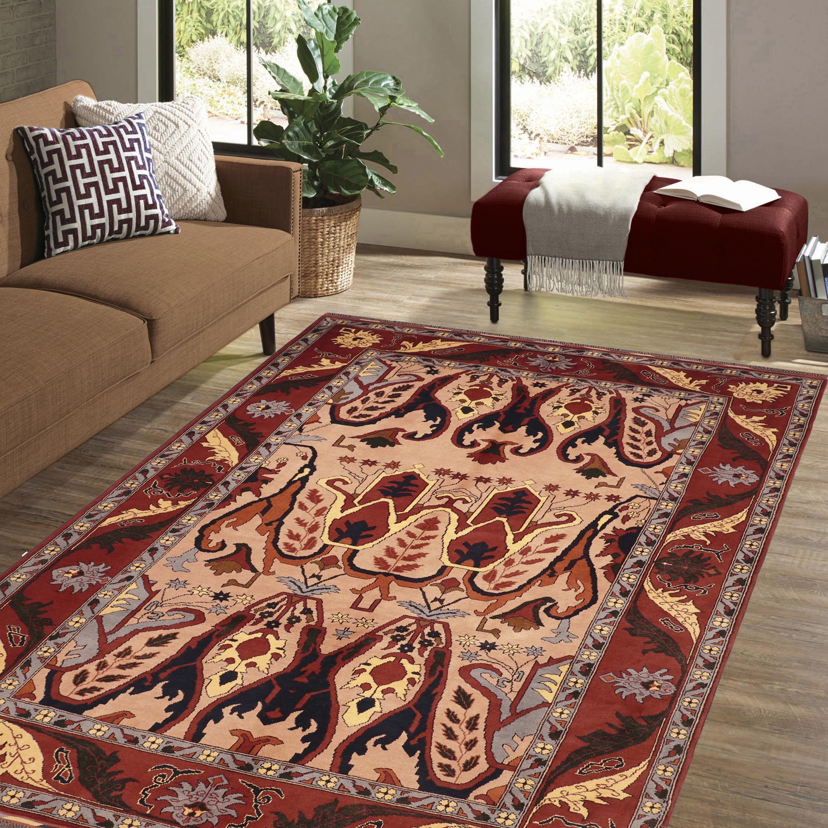 handmade Geometric Kargahi Tan Rust Hand Knotted RECTANGLE 100% WOOL area rug 6' x 9'